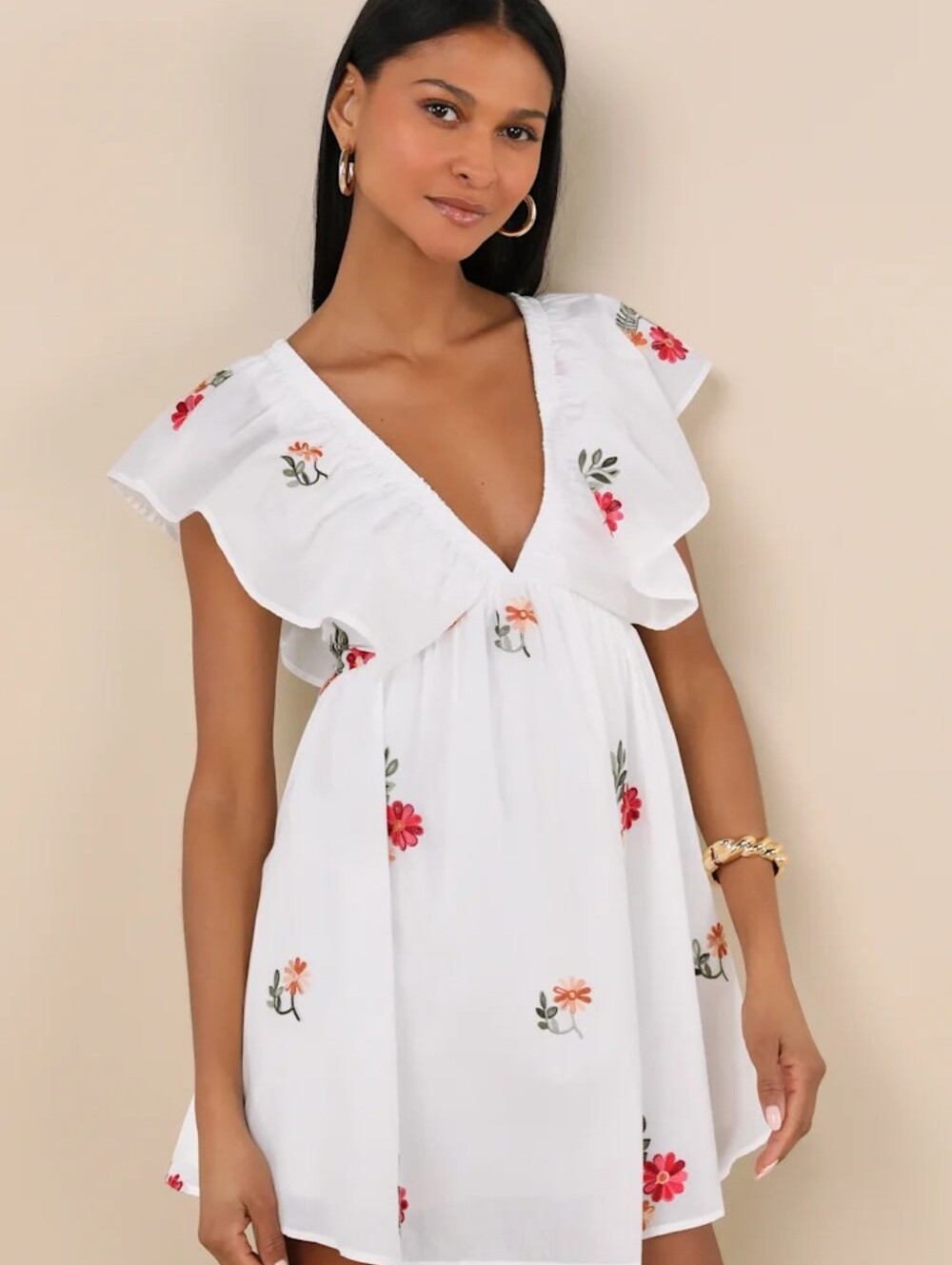 Lulus NWT White Floral Embroidered Flutter Sleeve Mini Dress XL Cottagecore